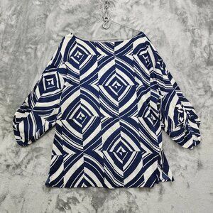 NEW Old Navy Top Womens L Blue White Geometric Rayon Roll Tab Sleeve Lightweight